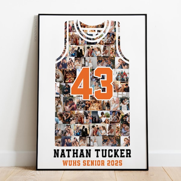 May include: A white basketball jersey with an orange number 43, a photo collage of people, and the text "Nathan Tucker WUHS Senior 2025".