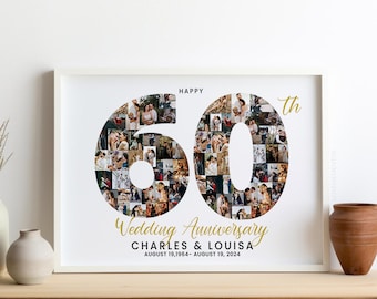 Custom 60th Anniversary Decorations, 60 Years Wedding Anniversary Gift for Parents, 60th Anniversary Photo Collage Gift for Couples Diamond
