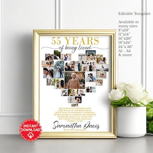 55th Birthday Heart Photo Collage Editable Template, 55th Birthday Gift for Man Woman, 55th Birthday Decorations Invitation, 55 years loved
