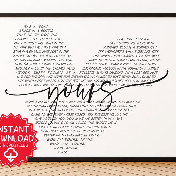 Tuyo de Russell Dickerson Letras de canciones Arte de pared imprimible, Regalo para parejas, Canción de boda, Primer baile, Regalo romántico, Regalo de San Valentín