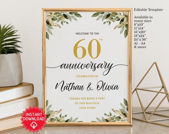 60th Anniversary Poster, 60th Anniversary Sign, 60 years Anniversary Party Welcome Poster, Diamond Anniversary Decorations, Floral Greenery