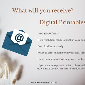 Peut inclure: Fichiers imprimables num&eacute;riques au format JPEG et PDF. Haute r&eacute;solution, pr&ecirc;ts &agrave; imprimer &agrave; la maison ou dans une imprimerie locale. T&eacute;l&eacute;chargement imm&eacute;diat. Aucun produit physique ne sera exp&eacute;di&eacute;. Si vous souhaitez imprimer et livrer, veuillez ajouter IMPRIMER & LIVRER (voir le lien dans la description du produit).