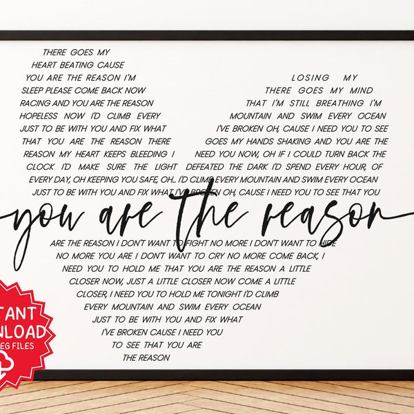 You Are the Reason Lyrics Printable , Calum Scott Lyrics , You Are the Reason Poster , Song Lyrics Poster,  Lyrics Wall Art Instant Download