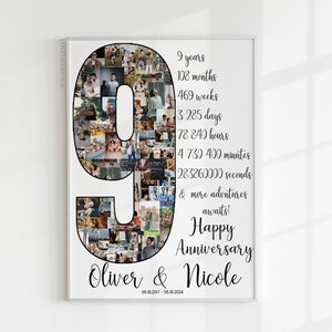 Regalo de noveno aniversario para él y su esposo, regalo de noveno aniversario para su esposa, tarjeta de noveno aniversario de bodas, collage de cuenta regresiva de 9 años de Willow