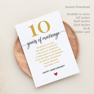 Tarjeta del décimo aniversario para parejas, tarjeta de aniversario de boda imprimible de 10 años para el esposo, aniversario de la esposa de 10 años, cuenta regresiva del aniversario