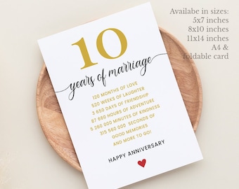 10th Anniversary Card for Couples, Printable 10 year wedding Anniversary Card for Husband, 10 years wife anniversary, anniversary countdown