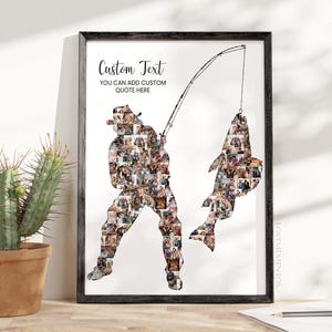 May include: Framed art print showing a fisherman silhouette made up of many small photos. The fisherman is holding a fishing rod with a large fish. Text at the top reads "Custom Text" and "You can add custom quote here."