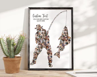 May include: Framed art print featuring a fisherman silhouette composed of numerous small photos. The fisherman is holding a fishing rod with a large fish. Text at the top reads "Custom Text" and "You can add custom quote here."