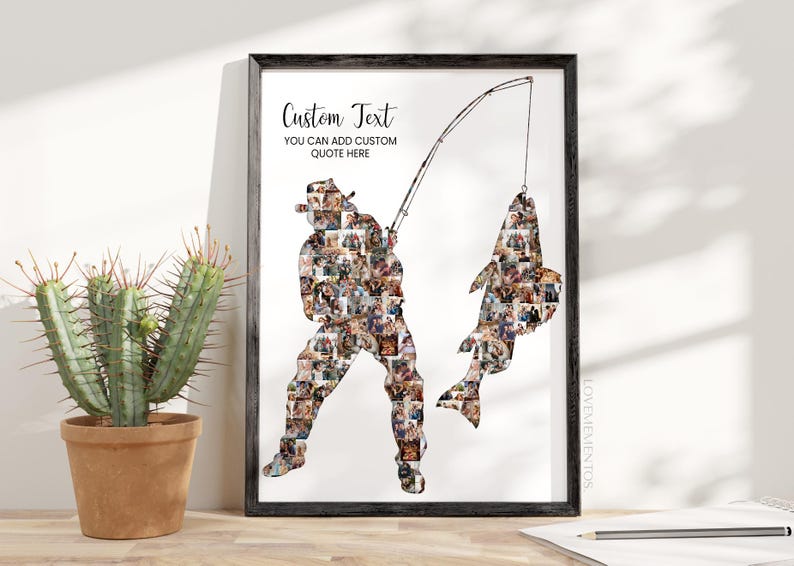 May include: Framed art print showing a fisherman silhouette made up of many small photos. The fisherman is holding a fishing rod with a large fish. Text at the top reads "Custom Text" and "You can add custom quote here."