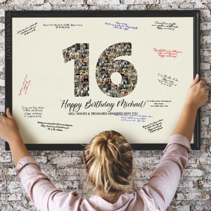 Décorations de 16e anniversaire, cadeau de 16e anniversaire garçon fille, collage de photos de signe d'invité de 16e anniversaire, carte d'invitation de fête de 16e anniversaire Sweet 16