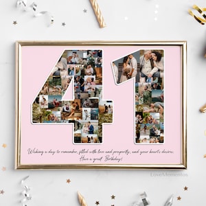 41e verjaardagscadeau voor haar en hem, 41-jarige cadeau voor mannen en vrouwen, gelukkige 41e verjaardagsfeestje decoratie uitnodigingskaart, gepersonaliseerde collage
