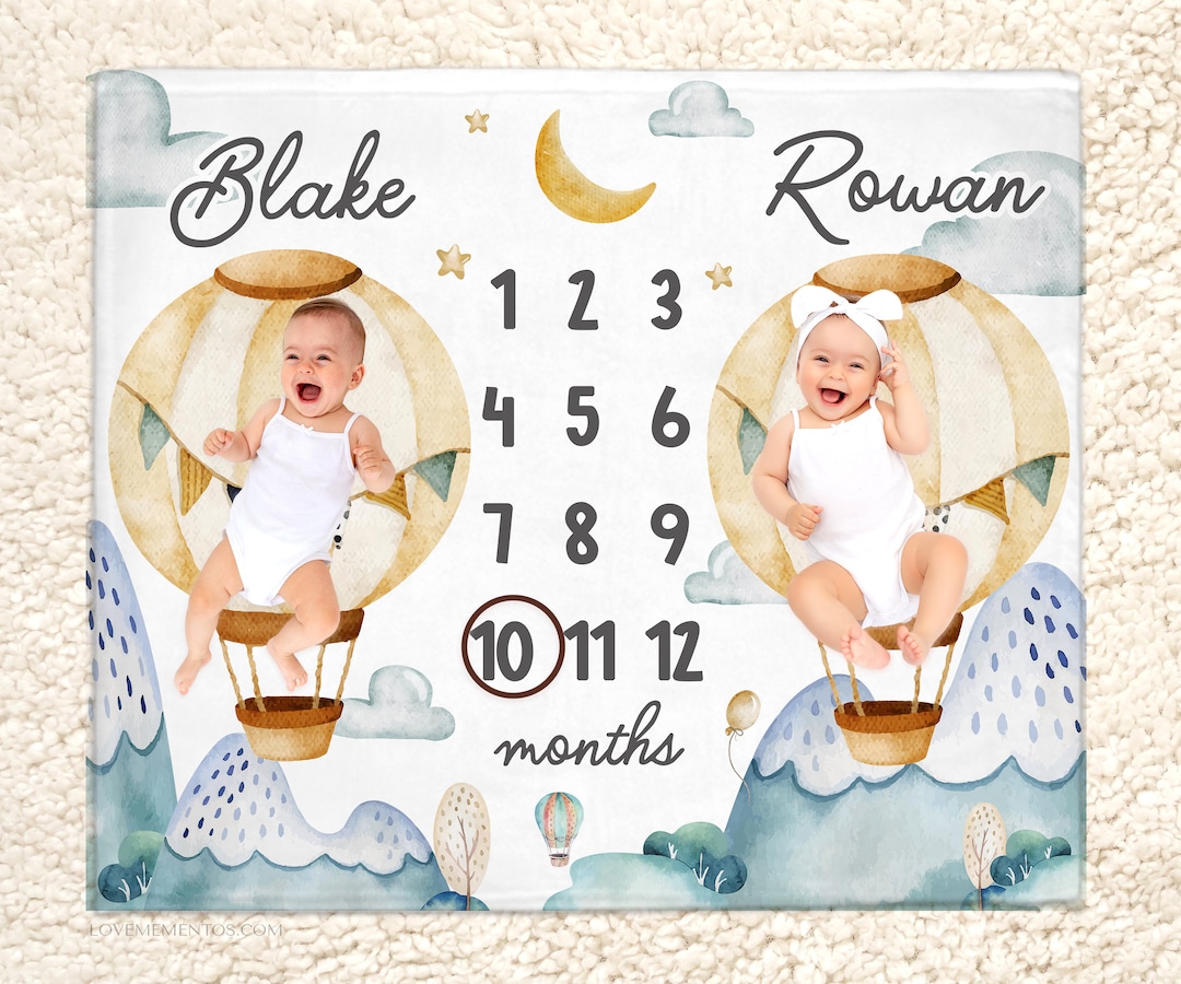Twin Milestone Blanket Boy, Hot Air Balloon Twin Baby Blanket, Hot Air ...