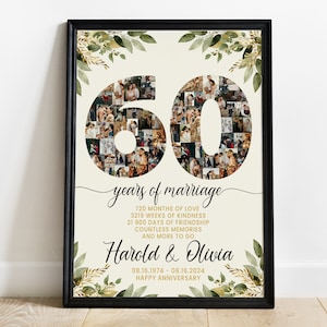 Personalized 60th Wedding Anniversary Gifts, 60 Years Anniversary Photo Collage Gift for Couples, Diamond Wedding Anniversary Parents Gift