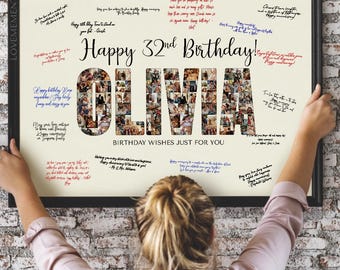 Custom 32nd Birthday Guest Sign Name Collage, 32nd Birthday Party Decorations, 32nd Birthday Banner Theme Invitation, 32 Birthday Man Woman