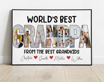 Può includere: Una foto incorniciata bianca con il testo "World's Best Grandpa" in lettere nere. Le lettere sono riempite con foto di bambini. Il testo "From the Best Grandkids" è sotto le lettere. I nomi "Christopher", "Samantha", "Madeline" e "William" sono scritti in corsivo sotto il testo, ciascuno seguito da un cuore rosso.