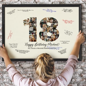 Póster con letrero para invitados con collage de fotos y decoración para el 18.° cumpleaños, pancarta para fiesta del 18.° cumpleaños, invitación para el 18.° cumpleaños, niñas y niños, 18