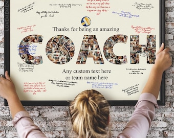 May include: A framed print with the word "COACH" in large letters, filled with collaged photos. The phrase "Thanks for being an amazing COACH" is above the word. A volleyball graphic is also present. The print is held by a person.