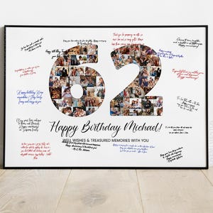 62e verjaardag decoratie gastenboek bord, 62e verjaardag cadeau mannen vrouwen, 62e verjaardagsfeestje uitnodiging poster, 62e verjaardag kaart hem haar