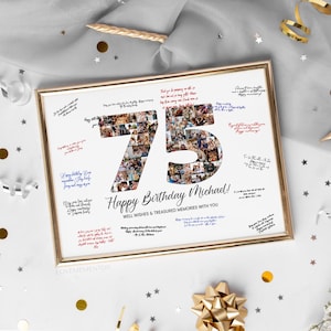 75e verjaardag decoratie gastenboek bord, 75e verjaardag cadeau mannen vrouwen, 75e verjaardag partij uitnodiging poster, 75e verjaardag kaart hem haar