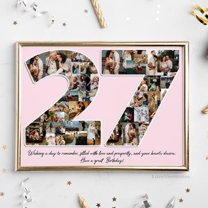 27e verjaardagscadeau voor mannen en vrouwen, 27-jarige cadeau voor hem haar, gelukkige 27e verjaardagsfeestje decoratie uitnodigingskaart, gepersonaliseerde collage