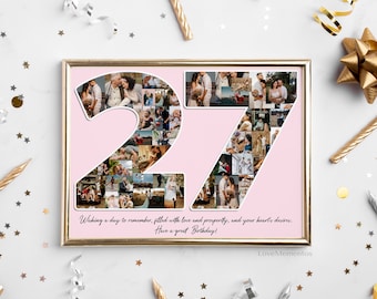 27th Birthday Gift for Men & Women, 27 Year Old Gift for Him Her, Happy 27th Birthday Party Decoration Invitation Card, Personalized Collage