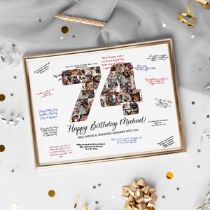 74e verjaardag decoratie gastenboek bord, 74e verjaardag cadeau mannen vrouwen, 74e verjaardagsfeestje uitnodiging poster, 74e verjaardag kaart hem haar