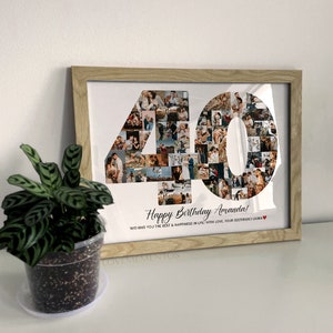 May include: A framed photo collage in the shape of the number 40, made up of smaller photos. The text "Happy Birthday Amanda! Wishing you the best & happiness in life! With love, your best friend Laura" is printed below the collage.