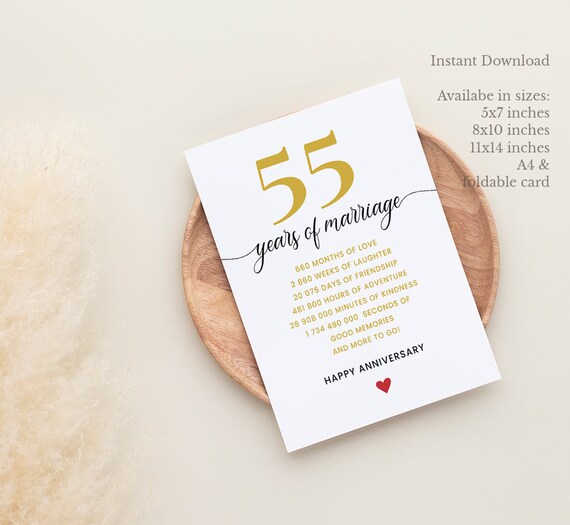 55th Anniversary Card, Printable 55th Wedding Anniversary Gift for