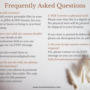 Peut inclure: Foire aux questions sur les fichiers num&eacute;riques imprimables. Vous recevrez des fichiers imprimables aux formats JPEG et PDF. Vous pouvez ajouter des d&eacute;tails personnalis&eacute;s dans le champ de personnalisation ou en envoyant un message via Etsy. Vous pouvez &eacute;galement envoyer un courriel &agrave; hello.lovemementos@gmail.com. Nous supprimons vos photos et vos informations personnelles apr&egrave;s votre commande. Nous ne les utilisons que pour cette fin. Nous respectons votre vie priv&eacute;e. Si vous souhaitez que votre commande soit imprim&eacute;e et livr&eacute;e, veuillez consulter la description pour un suppl&eacute;ment. Nous acceptons les commandes personnalis&eacute;es ou les demandes. Veuillez nous contacter via le message Etsy ou par courriel &agrave; hello.lovemementos@gmail.com.