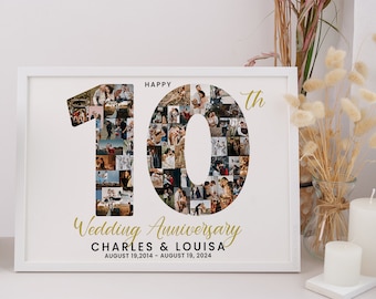 May include: A white framed photo collage of a couple's wedding photos arranged in the shape of the number 10. The text "Happy 10th Wedding Anniversary Charles & Louisa August 19, 2014 - August 19, 2024" is printed below the collage.