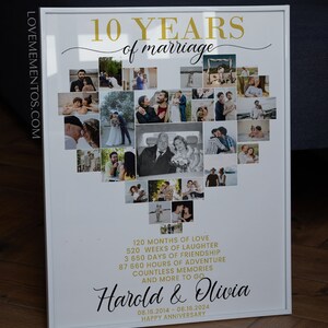 May include: A white poster with a gold heart shape filled with photos of a couple. The text "10 YEARS of marriage" is at the top of the poster. The text "Harold & Olivia" is at the bottom of the poster with the dates "08.16.2014 - 08.16.2024" and "HAPPY ANNIVERSARY".