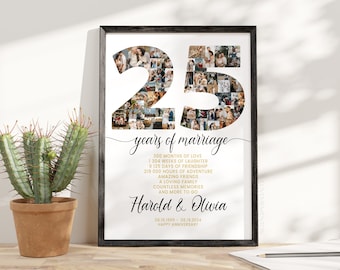 Regalo para la esposa en su 25.º aniversario, Decoraciones para el 25.º aniversario de boda para padres y esposo, Collage de fotos para la cuenta regresiva del 25.º aniversario