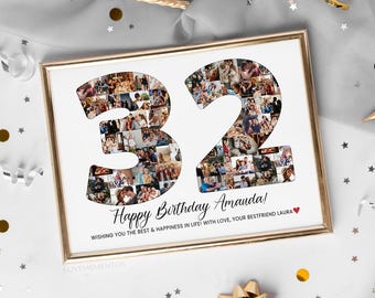 Custom 32nd Birthday Gift Photo Collage, 32nd Birthday Gift for Men, 32nd Birthday Party Decorations Banner Sign Poster, 32nd Birthday Women