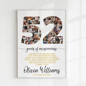 52 Geburtstagsgeschenk Foto Collage Countdown, 52 Gründe warum wir dich lieben, Geschenk zum 52 Geburtstag für sie Ihn, Karte zum 52 Geburtstag einladen Poster
