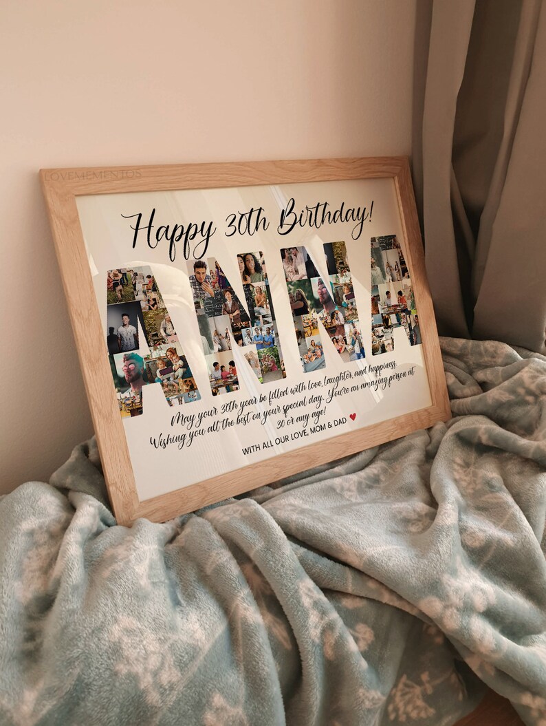 Może przedstawiać: Wkomponowany w ramę kolaż zdjęć z imieniem "ANNA" napisanym zdjęciami. Tekst "Happy 30th Birthday!" znajduje się na g&oacute;rze ramki. Tekst pod kolażem brzmi "May your 30th year be filled with love, laughter, and happiness. Wishing you all the best on your special day. You're an amazing person at 30 or any age! With all our love, Mom & Dad."