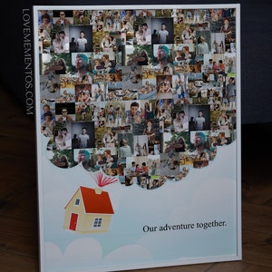May include: A white framed photo collage with a cloud shape filled with small photos of people. The cloud is floating above a yellow house with a red roof and the text "Our adventure together."
