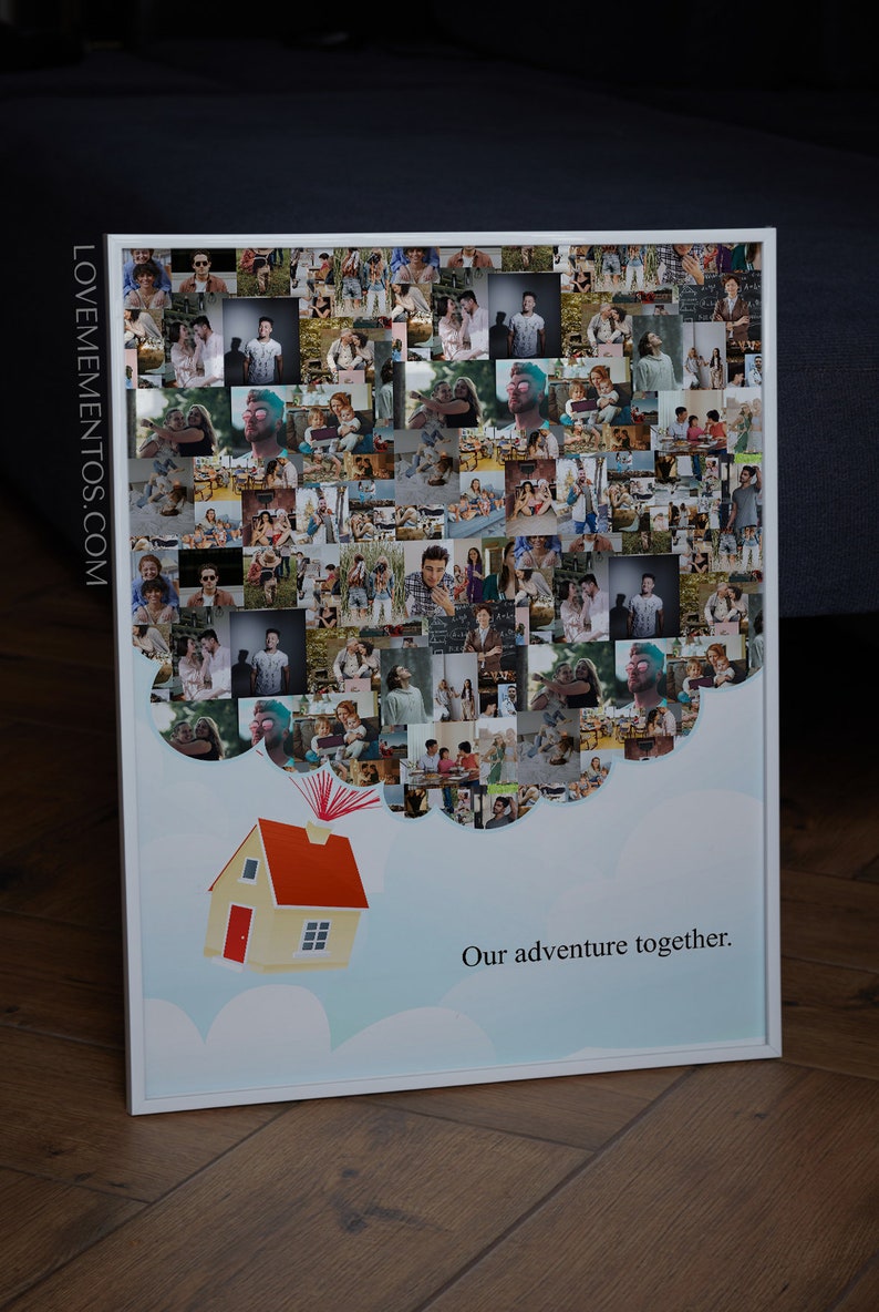 May include: A white framed photo collage with a cloud shape filled with small photos of people. The cloud is floating above a yellow house with a red roof and the text "Our adventure together."