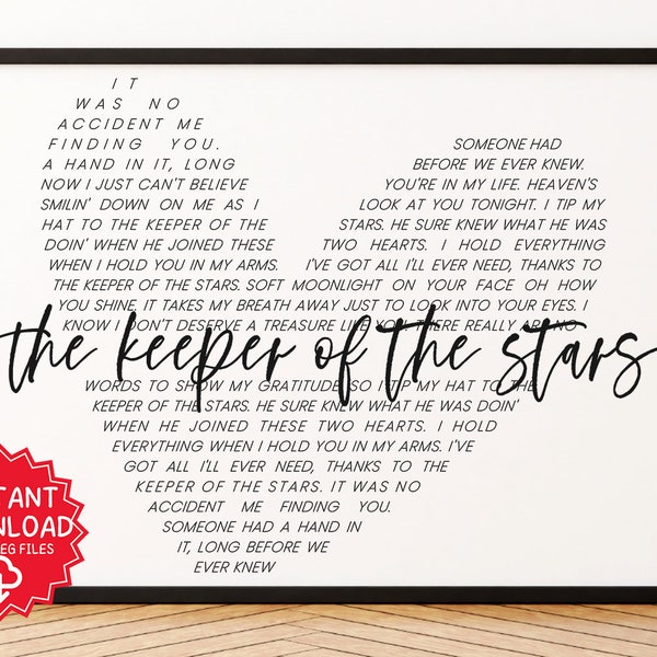 The Keeper of the Stars Tracy Byrd Song Lyrics Digital Printable, Wedding Song, First Dance, Valentines, Anniversary, Romantic Gift for Him