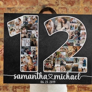 Regalo di anniversario di 12 anni per marito Lui, regalo di anniversario di matrimonio di 12 anni per moglie Lei, coppia di sposi in lino e seta, collage fotografico personalizzato per il 12° anniversario