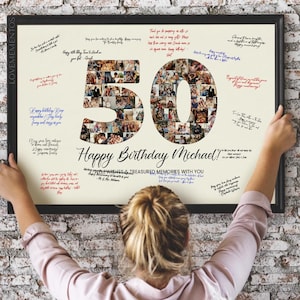 Placa de festa de 50º aniversário, presente de 50º aniversário para homens e mulheres, jogos de convite de decoração de 50º aniversário, colagem de fotos de cartão de 50º aniversário
