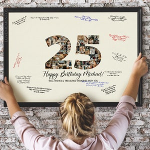 Decoraciones para el 25.° cumpleaños, regalo para ella o para él por el 25.° cumpleaños, tarjeta de invitación para fiesta de 25.° cumpleaños, cartel de collage de fotos para invitados, feliz 25.° cumpleaños