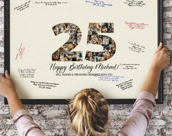25e verjaardagsversieringen, 25e verjaardagscadeau voor haar hem, 25e verjaardag uitnodigingskaart gast bord fotocollage poster, gelukkige 25e