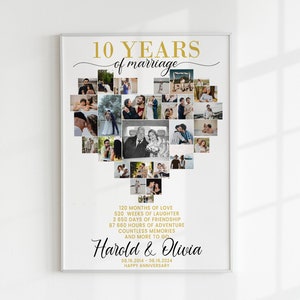 May include: A heart-shaped collage of photos celebrating a 10th wedding anniversary. The text reads "10 Years of Marriage", "120 Months of Love", "520 Weeks of Laughter", "3,650 Days of Friendship", "87,660 Hours of Adventure", "Countless Memories", "And More to Go", "Harold & Olivia", "08.16.2014 - 08.16.2024", "Happy Anniversary".