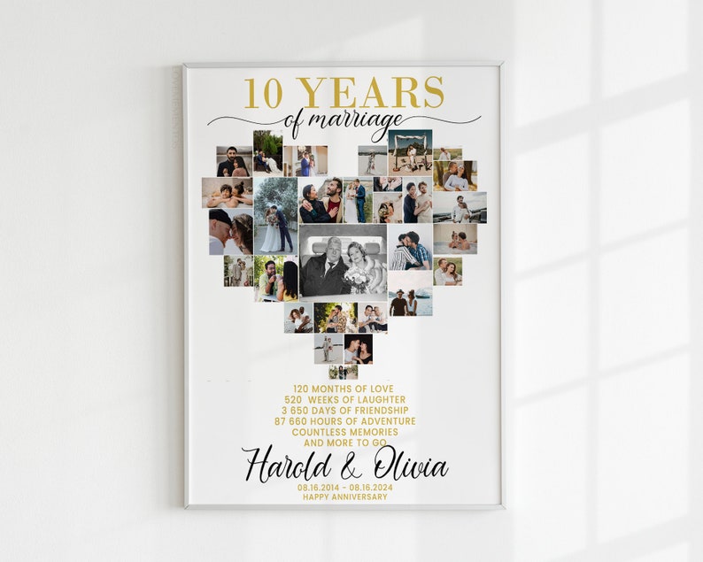 May include: A heart-shaped collage of photos celebrating a 10th wedding anniversary. The text reads "10 Years of Marriage", "120 Months of Love", "520 Weeks of Laughter", "3,650 Days of Friendship", "87,660 Hours of Adventure", "Countless Memories", "And More to Go", "Harold & Olivia", "08.16.2014 - 08.16.2024", "Happy Anniversary".