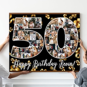 Presente de 50º aniversário para mulheres, presente de 50º aniversário para homens, pôster de convite de decoração de 50º aniversário, colagem personalizada de 50 anos 50º