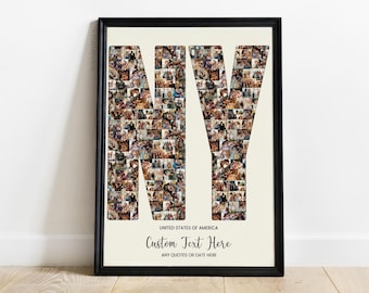May include: Framed photo collage featuring the letters "NY" filled with multiple small photos. The words "United States of America" and "Custom Text Here" are printed below the letters. The frame is black, and the background is off-white.