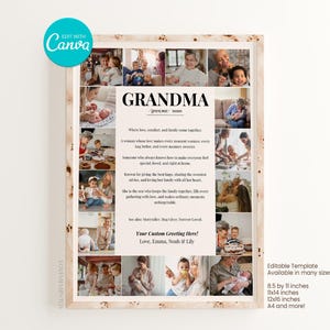 May include: A framed print with a collage of family photos and the word "GRANDMA" in large text. The print includes a definition of "grandma" and a customizable greeting. The frame is light brown.