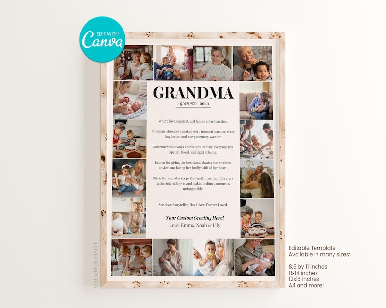 May include: A framed print with a collage of family photos and the word "GRANDMA" in large text. The print includes a definition of "grandma" and a customizable greeting. The frame is light brown.