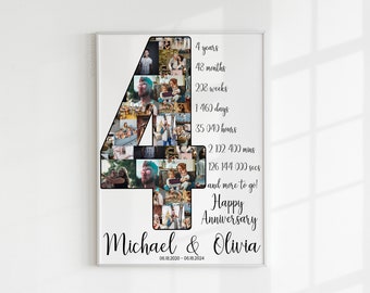 May include: A photo collage in the shape of the number 4, made up of photos of a couple. The collage is surrounded by text that reads "4 years, 48 months, 208 weeks, 1460 days, 35 040 hours, 2 102 400 mins, 126 144 000 secs, and more to go! Happy Anniversary Michael & Olivia 06.18.2020 - 05.18.2024".
