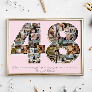 48e verjaardagscadeau voor haar en hem, 48-jarige cadeau voor mannen vrouwen, gelukkige 48e verjaardag feestdecoratie uitnodigingskaart, gepersonaliseerde collage